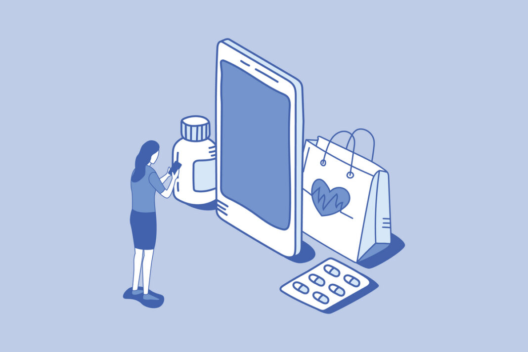 digital health smartphone access technology concept with outline isometric style лекарства по рецепту онлайн